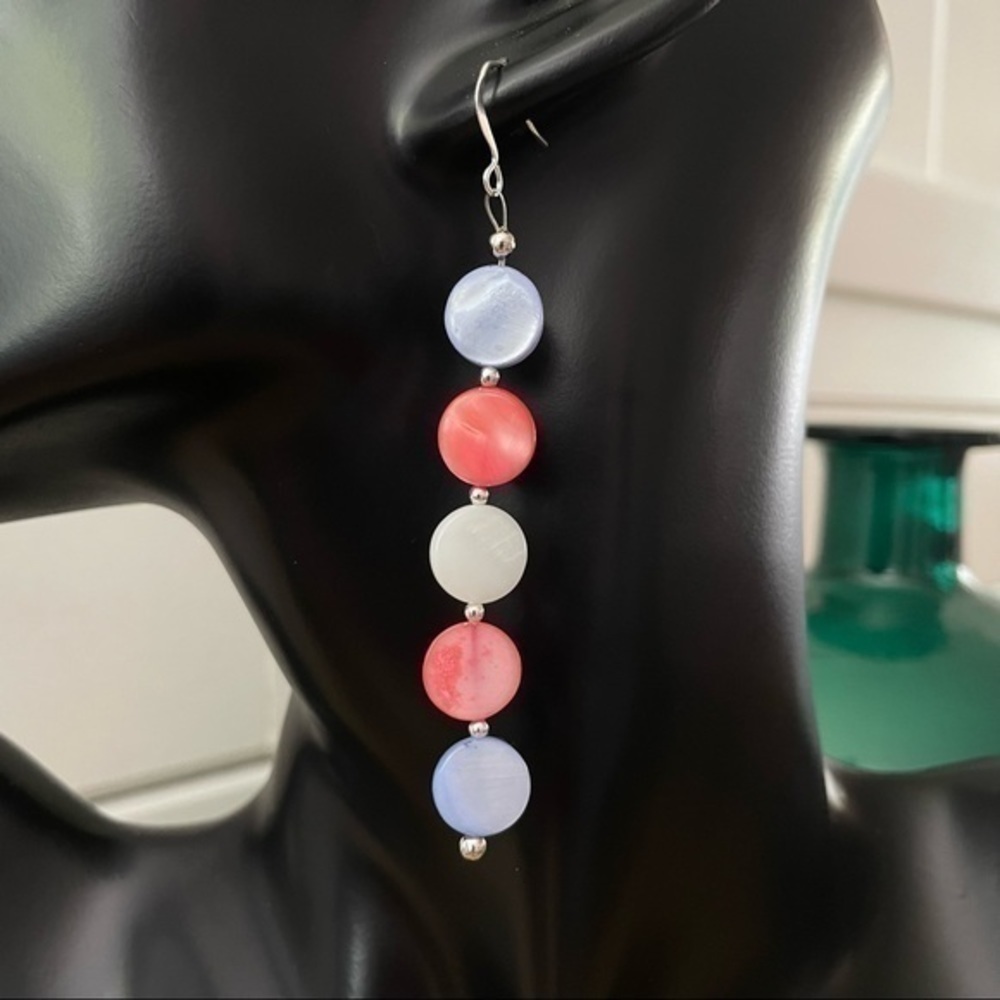 $10 SALE Trans Pride Flag Round Shell Dangle Earrings 3.5” Handmade - Picture 1 of 5